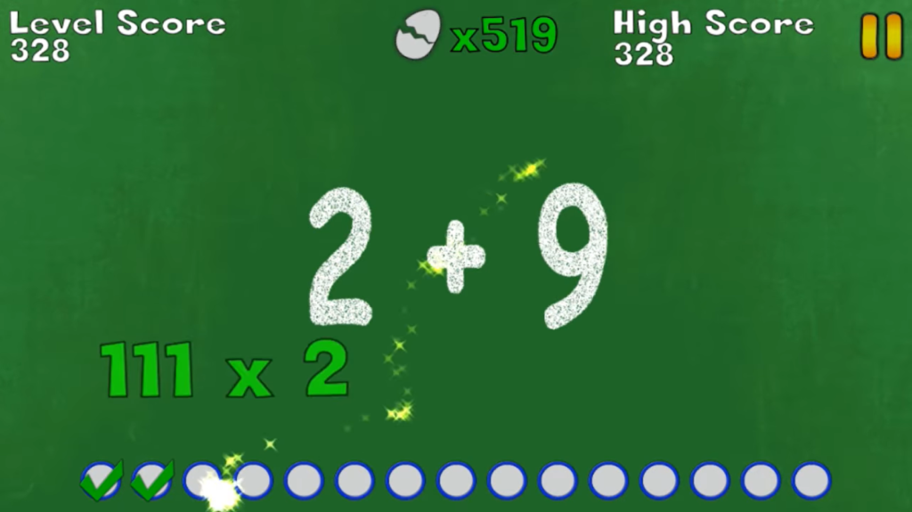 Game screen displaying a math equation '2+9' with a sparkly effect