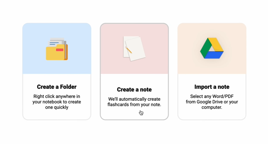 An interactive note-studying selection screen offering learning methods